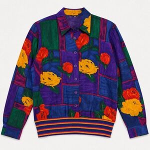 Vtg 90s Colorblock Maximalist Top Vibrant Dopamine Gina Bacconi‎ Floral XL